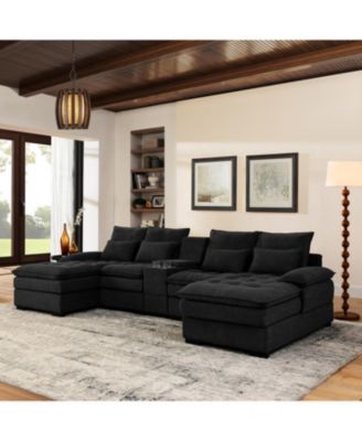 130" U-Shaped Sofa with Console, Cupholders, Sleeper & Chaise (Black)