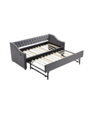  Twin Upholstered Daybed with Trundle, USB, Pockets, Velvet, Button Tufted