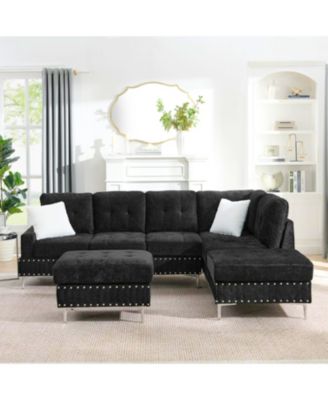 Sectional Sofa with Reversible Chaise, Storage Ottoman, Metal Legs, Pillows, Black