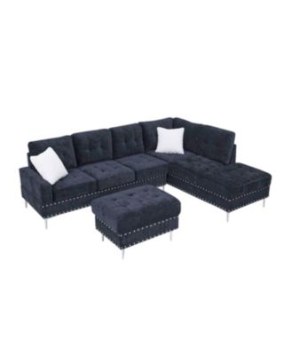 Navy Sectional Sofa with Reversible Chaise, Ottoman & Pillows