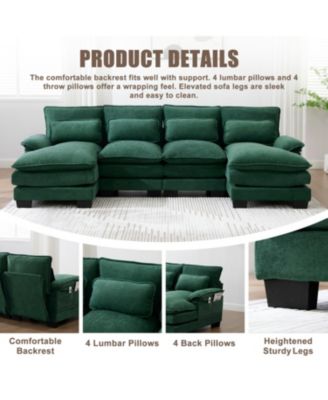 U Shaped Cloud Couch, 110" Chenille Sectional Sofa with Double Chaise