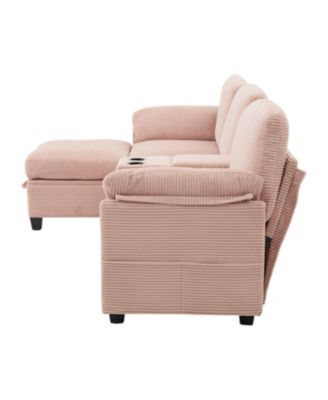 L-Shape Corduroy Sofa- 4-Seater, USB, Storage, Console & Ottoman