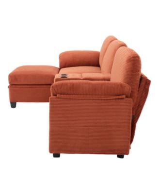 L-Shape Corduroy Sofa- 4-Seater, USB, Storage, Console & Ottoman