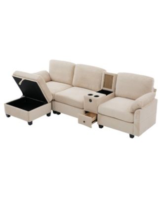  L-Shape Corduroy Sofa- 4-Seater, USB, Storage, Console & Ottoman