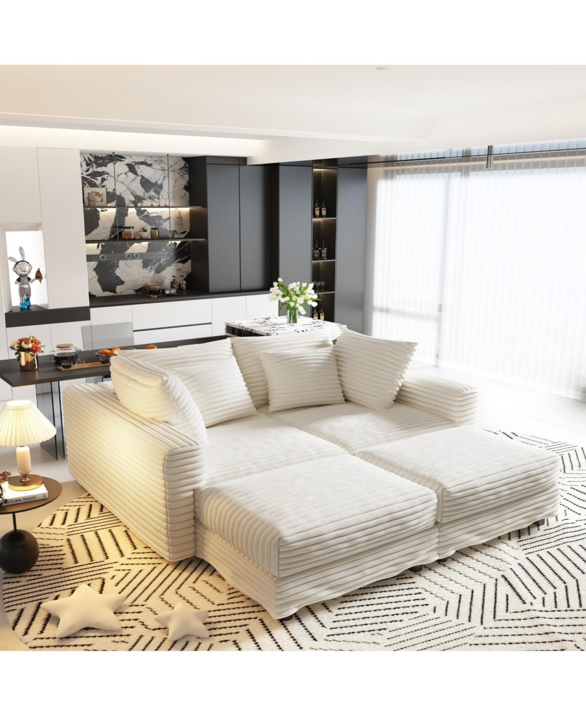 Streamdale Plush Corduroy 4-Seat Sofa with Ottomans - Beige