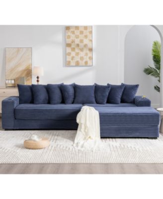  Corduroy L-Shaped Sectional Sofa with Ottoman, Pillows, & Cup Holders - Blue