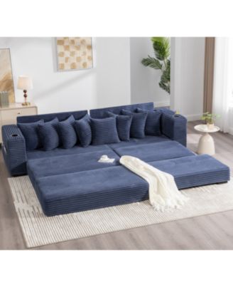  Corduroy L-Shaped Sectional Sofa with Ottoman, Pillows, & Cup Holders - Blue