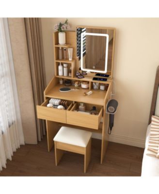 Streamdale Vanity Table with LED Mirror, Power, Hairdryer Holder & Stool - Compact Desk (Wood)