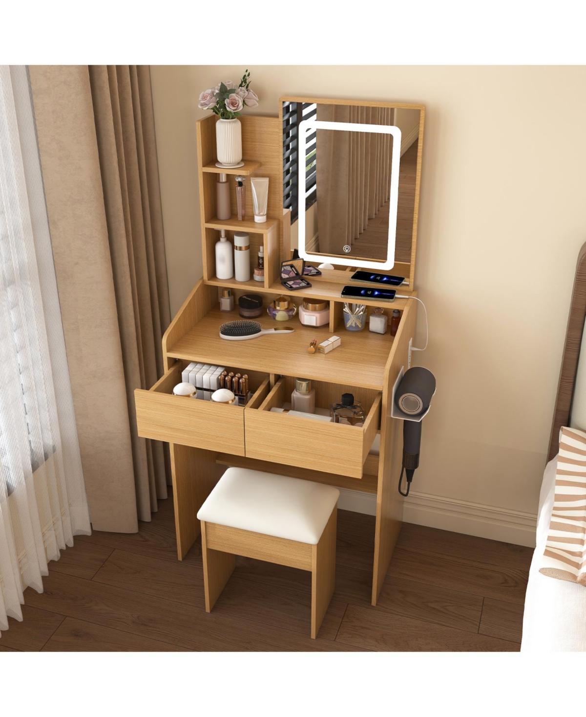 Streamdale Vanity Table with Led Mirror, Power, Hairdryer Holder & Stool - Compact Desk (Wood)