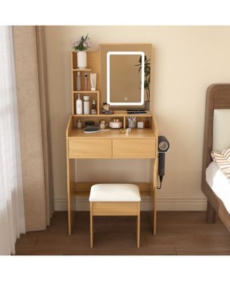 Streamdale Vanity Table with LED Mirror, Power, Hairdryer Holder & Stool - Compact Desk (Wood)