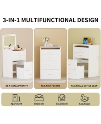 3-in-1 Vanity Desk with Mirror, Glass Top, Drawers & Stool