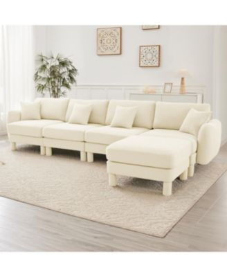  Beige Boucle Convertible Sectional Sofa with Ottoman