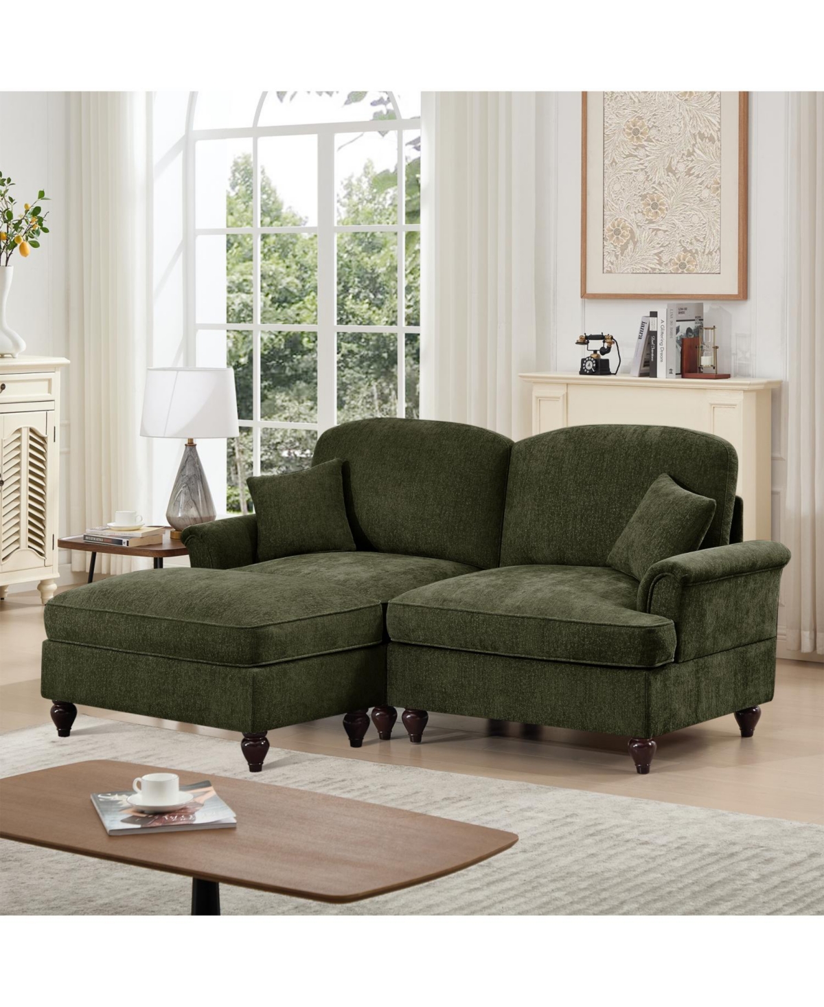 Streamdale Furniture Mid Century Modular L-Shaped Sofa, Chenille, Ottoman, Green
