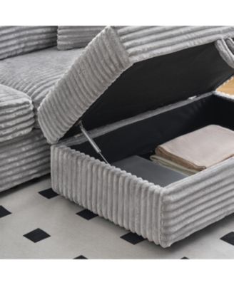 Grey Corduroy Sofa w/ Storage Leg & 4 Pillows