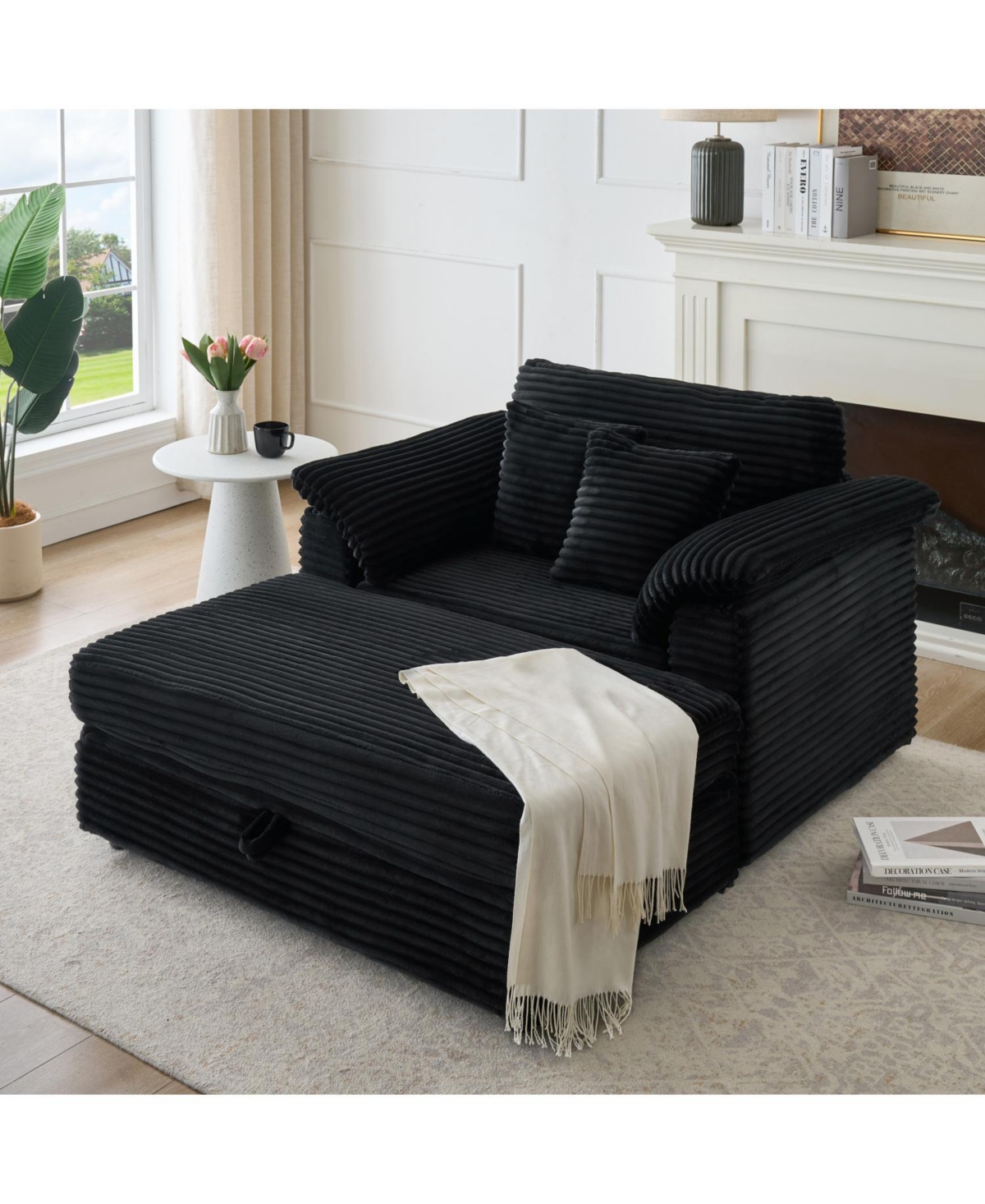 Streamdale Corduroy Armchair Set w/ Usb & Storage - Black