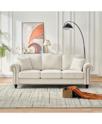 86" Modern 3-Seater Chenille Sofa with Rolled Arms & Nailhead Trim - Beige