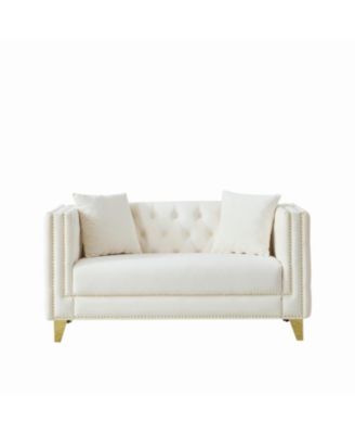 58" Chesterfield Velvet Sofa, 2 Seater, Button Nailhead, Beige