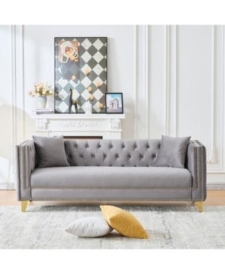 Chesterfield Velvet Sofa, 3+2-Seater, Button Nailhead, Grey
