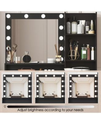 Vanity Desk with Lighted Mirror, Drawer & 3-Tier Storage, Adjustable Brightness
