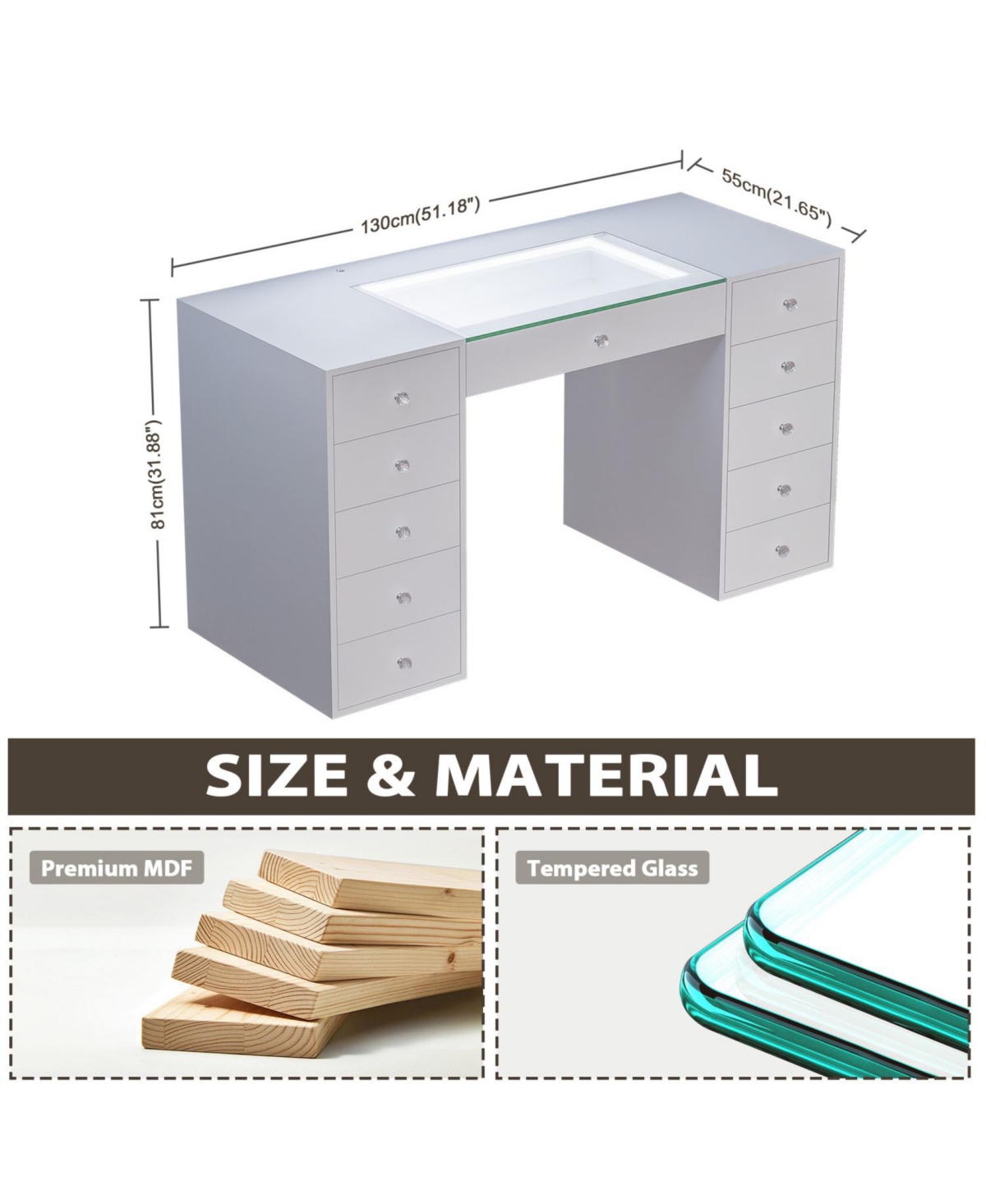 Streamdale Furniture 51.2" Rgb Led Vanity Desk, Modern Glass Top Makeup Table with 11 Drawers