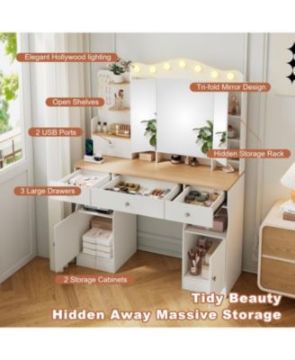 Vanity Desk with Lighted Mirror, USB Power, Drawers & Cabinets (White)