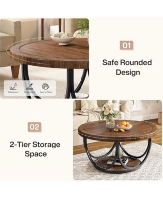 Round Coffee Table with 2 Tiers, 33.5" Wooden Circle Accent Cocktail Table, Industrial Center Tables