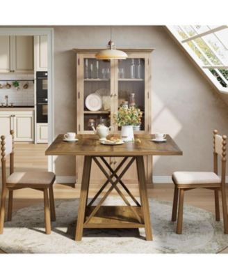 Square Dining Table for 4, Farmhouse Kitchen Table with Shelf Storage, Dinner Furniture