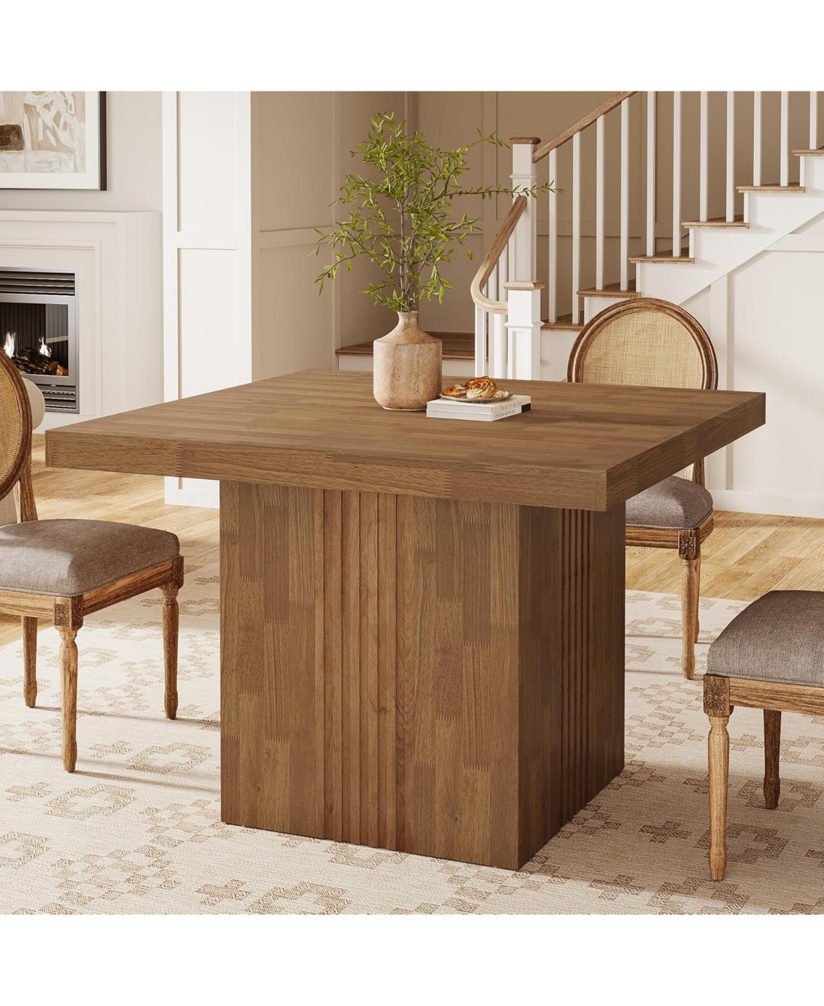 Tribesigns 39-Inch Square Dining Table for 4, Farmhouse Kitchen Dinner Table with Fluted Pedestal Base