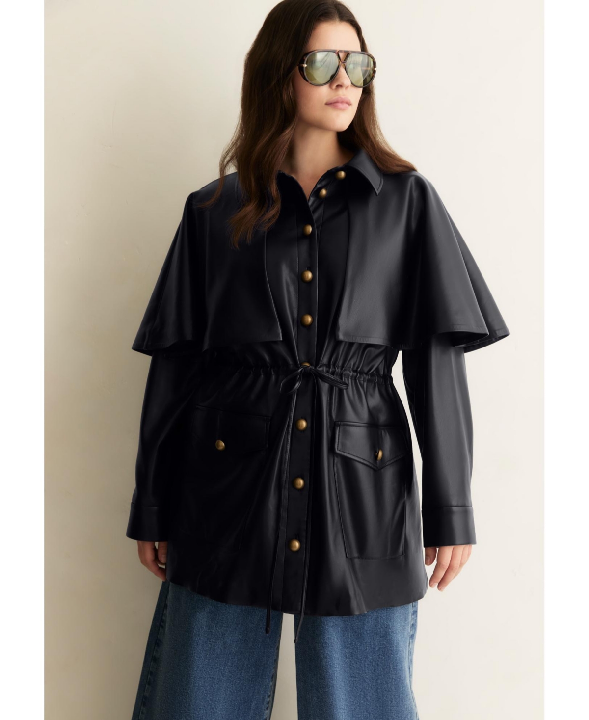 June + Vie Women's Plus Faux Leather Cape Jacket