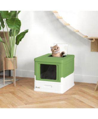 Smell-Proof Fully Enclosed Cat Litter Box with Scoop & Drawer Tray – Foldable Hooded Design,Yellowish Green