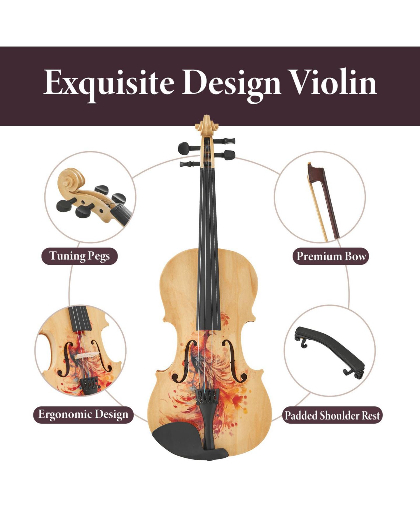 Детские игрушки Yescom Peacock Handcrafted Full Size 4/4 5-Piece Violin Set, 14 Years & Up, цвет: Разноцветный — фото 3