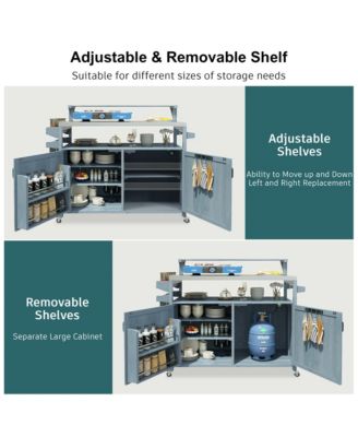 53.3" Outdoor Kitchen Island with Raised Shelf, Solid Wood Outdoor Rolling Grill Cart with Internal Storage