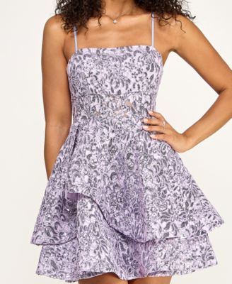 Junior's Sequined Lace Spaghetti Strap Square-Neck Dress