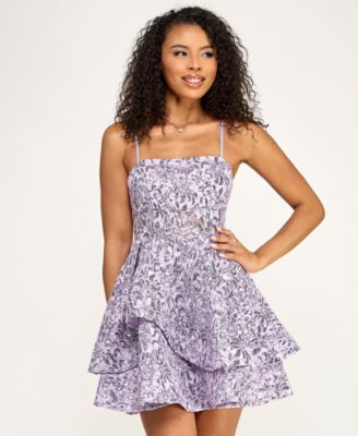 Junior's Sequined Lace Spaghetti Strap Square-Neck Dress