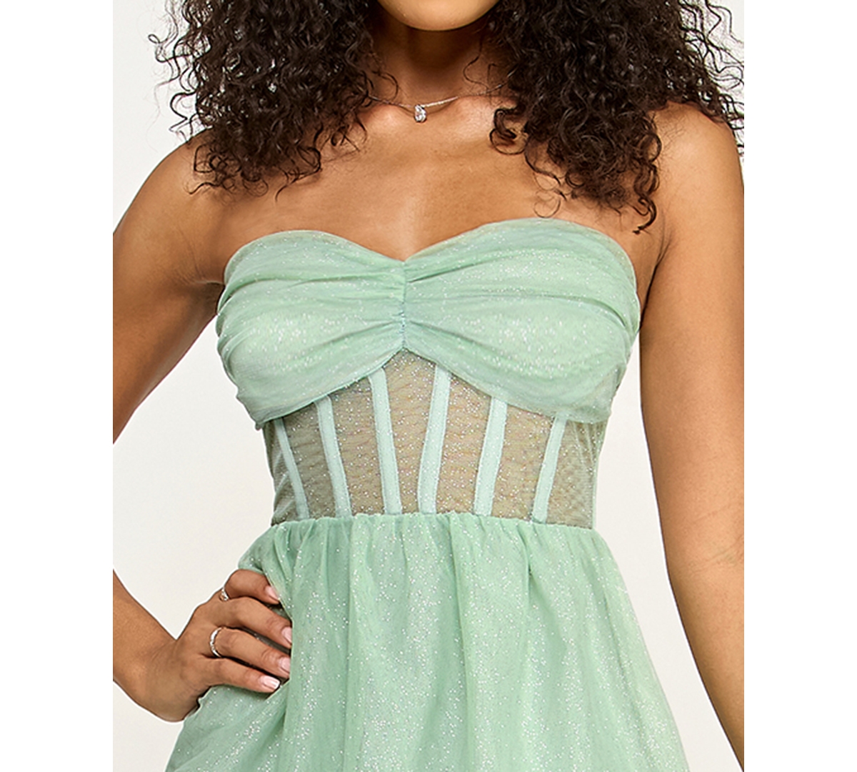 Emerald Sundae Juniors' Strapless Tiered Lace-Up Back Gown
