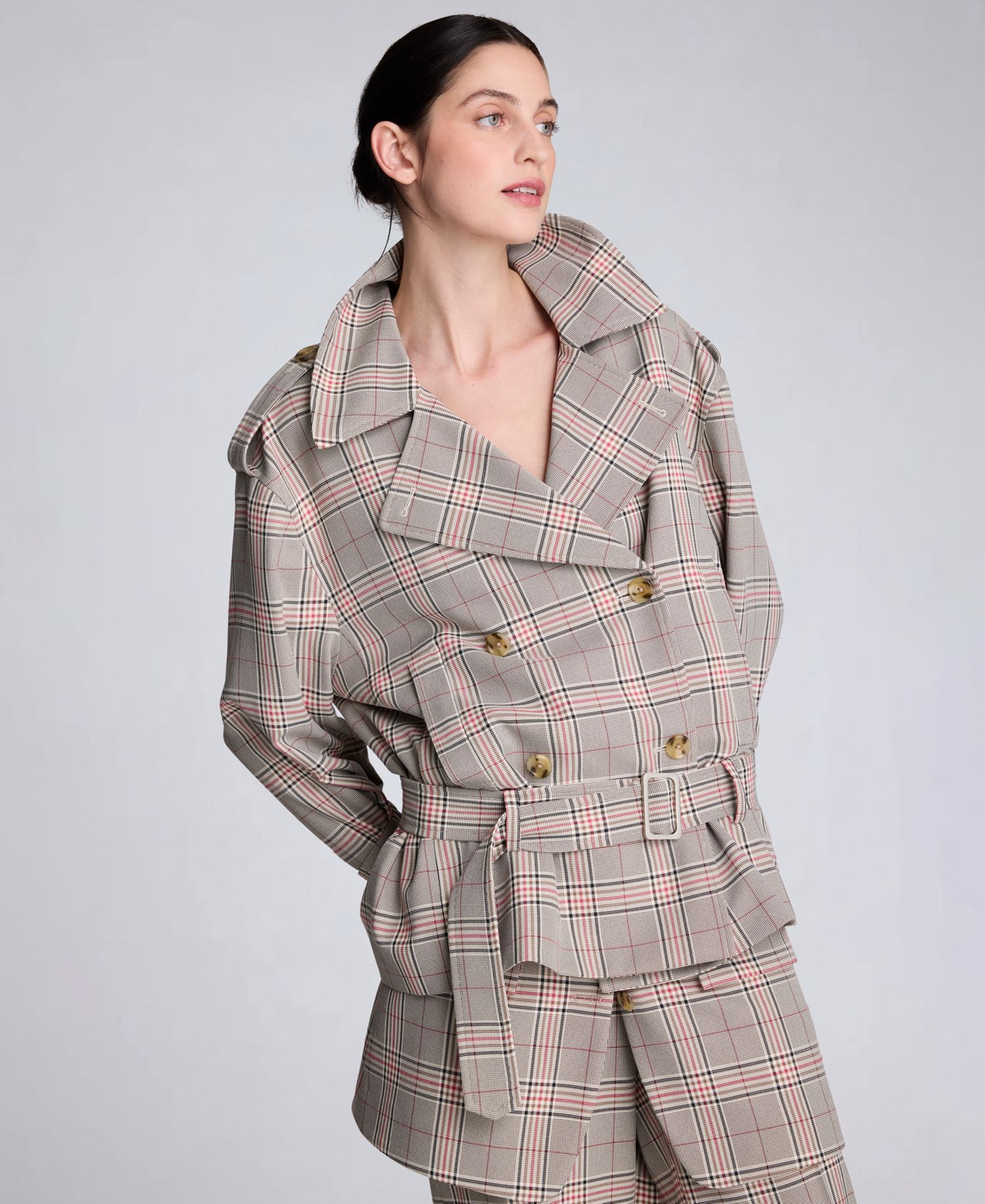 Women's Glen Plaid Button Front Drop Waist Belted Trench Jacket
