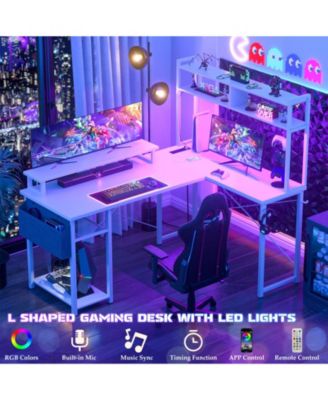 49'' Small L Shaped Desk with Hutch, Reversible Computer Gaming Desk with Outlet and LED Strip