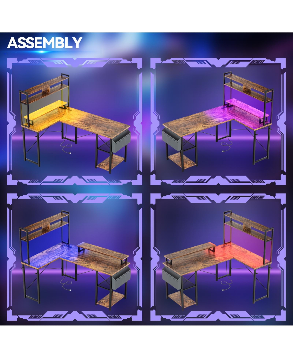 Aheaplus 49'' Small L Shaped Desk with Hutch, Reversible Computer Gaming Outlet and Led Strip