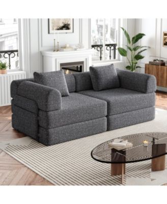Chenille Convertible Sofa Bed with Storage Pockets & Cushions