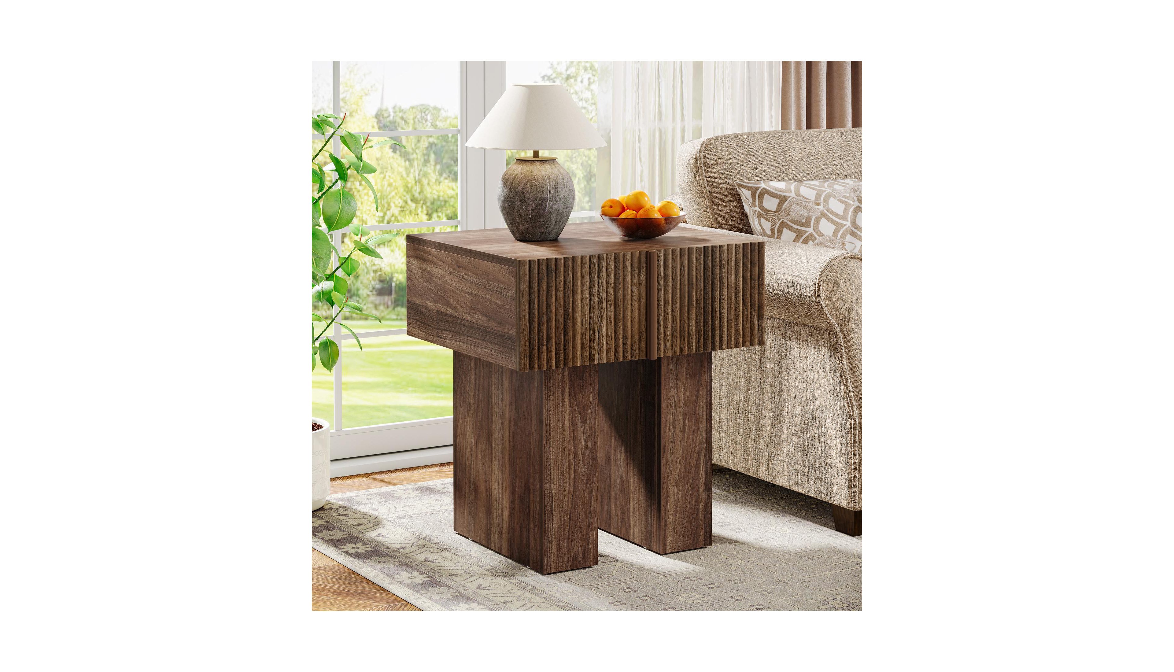 Tribesigns Fluted Nightstand, Wooden Night Stand with Storage Drawer, Modern Bedside Table Side End Table