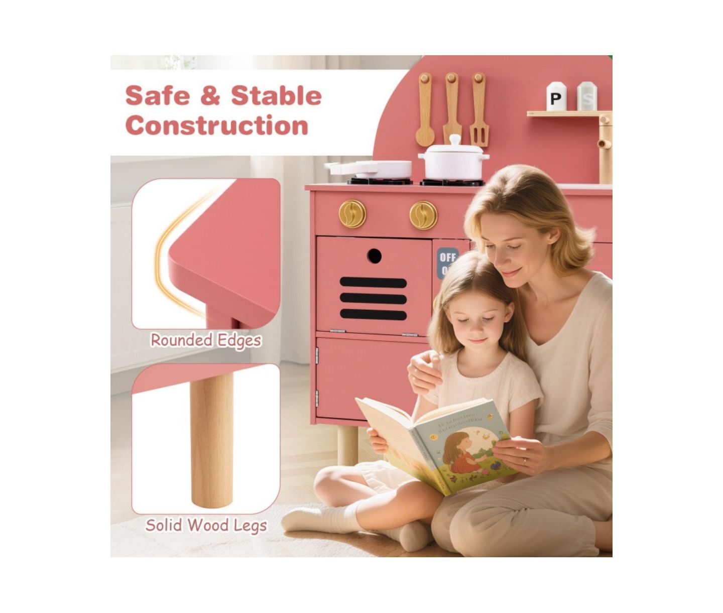 Детские игрушки HONGGE Interactive Cooking Wooden Play Kitchen Set with Built-In Storage, Ages 3+, цвет: Розовый — фото 8