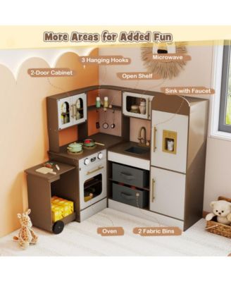 Kids Corner Wooden Play Kitchen with Lights Sounds Retractable Countertop and Storage