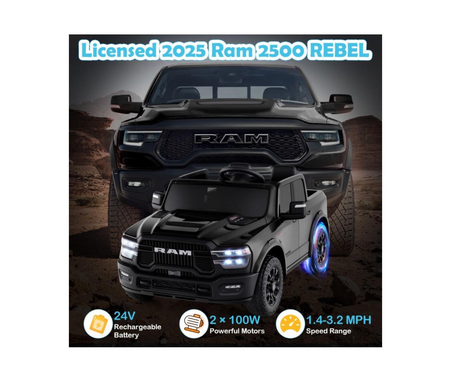 Детская игрушка HONGGE Rebel 24V Two-Seater Ride-On Truck with Remote Control, Ages 3-10, цвет: Чёрный — фото 11