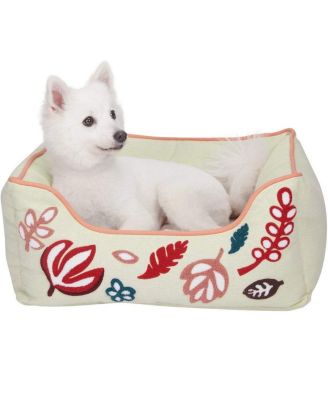 Plush Chenille-Embroidered Linen Dog Bed, Removable Washable Cover, with Squeaky Pillow with Baby Pink