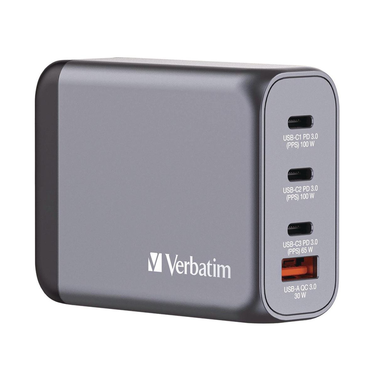 Verbatim 32202 100 Watts 4-Port GaN Wall Charger - Black/Gray - Black/gray