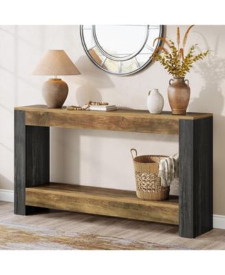 63-Inch Long Console Table for Entryway, Farmhouse Wood Sofa Table, Rustic Brown & Black