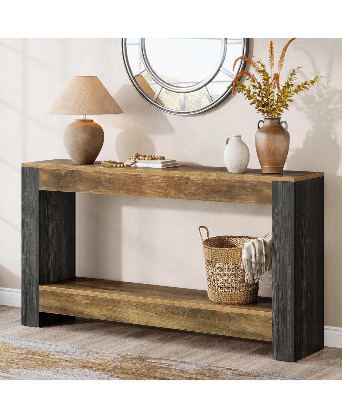 Tribesigns 63-Inch Long Console Table for Entryway, Farmhouse Wood Sofa Table, Rustic Brown & Black