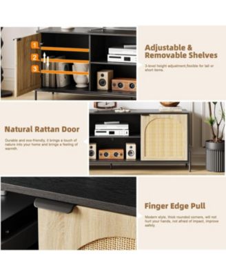 Rattan TV Stand for 75" TV, Mid-Century Entertainment Center with Adjustable Shelf and Storage