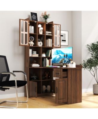 2-in-1 L-Shaped Corner Desk with Drawers, Bookshelf & Hutch