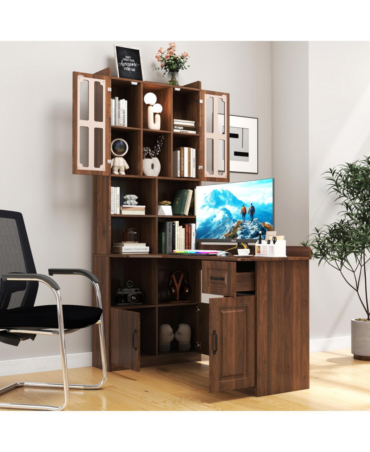 Streamdale Furniture 2-in-1 L-Shaped Corner Desk with Drawers, Bookshelf & Hutch